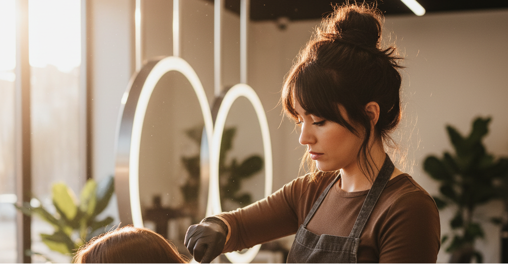 Hairdresser styling a client's hair in a salon setting