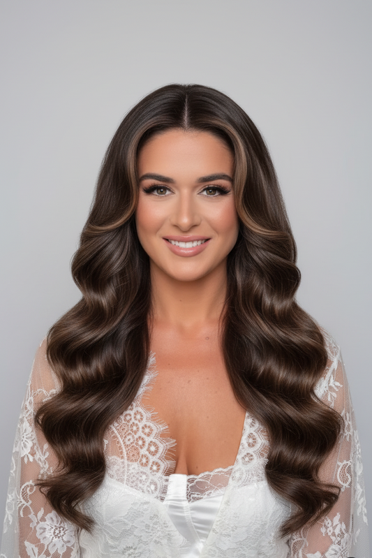 Woman with long, wavy brown hair wearing a white lace garment against a gray background