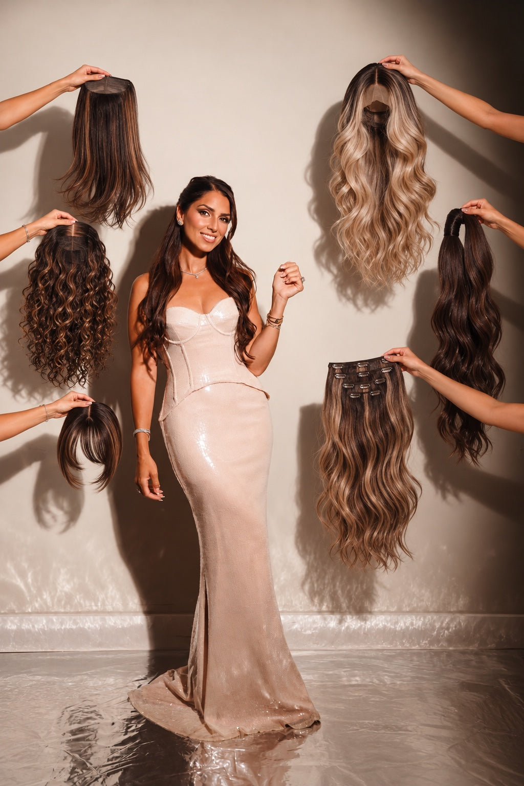 Jewell surrounded by the Jewell Clip hair collection