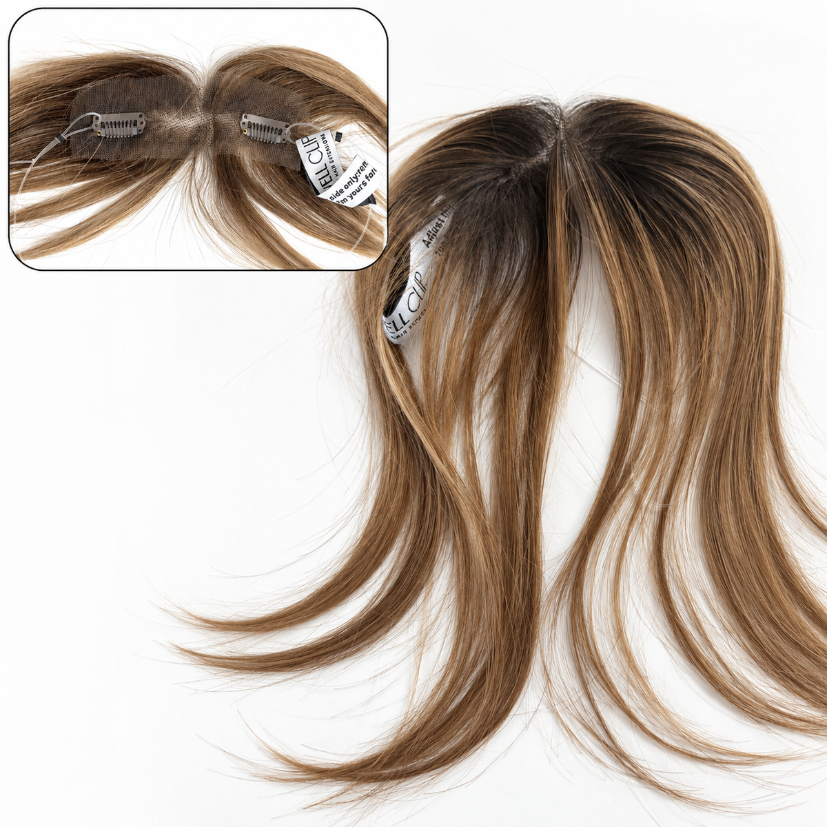 Bangs | Mini Topper front view with an inset showing the two clips and string.